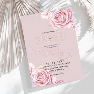 Rosa Rosen & staubige Roségold-Blumen Hochzeit Folieneinladung