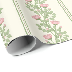 Rosa Rosen & Streifen auf Creme Geschenkpapier