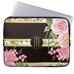 Rosa Rosen-Streifen-Muster-Monogramm Laptopschutzhülle
