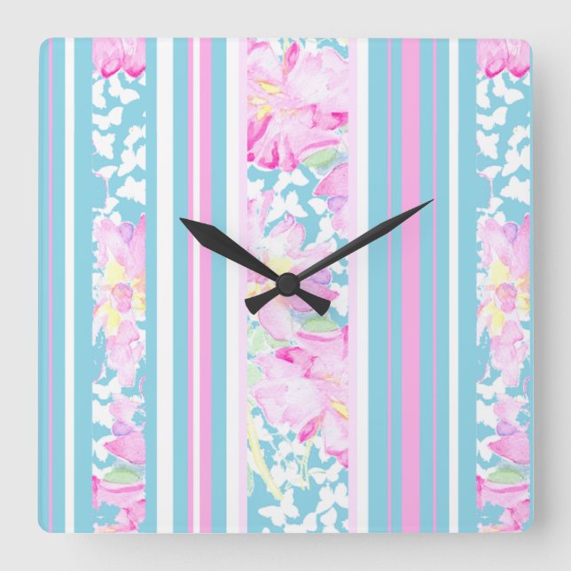 Rosa Rosen, türkisfarbene Streifen: quadratische W Wanduhr (Vorderseite)