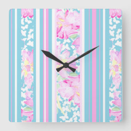 Rosa Rosen, türkisfarbene Streifen: quadratische W Wanduhr