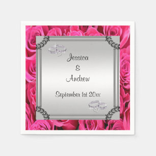 Rosa Rosen u. Diamant-Hochzeits-Ringe Serviette