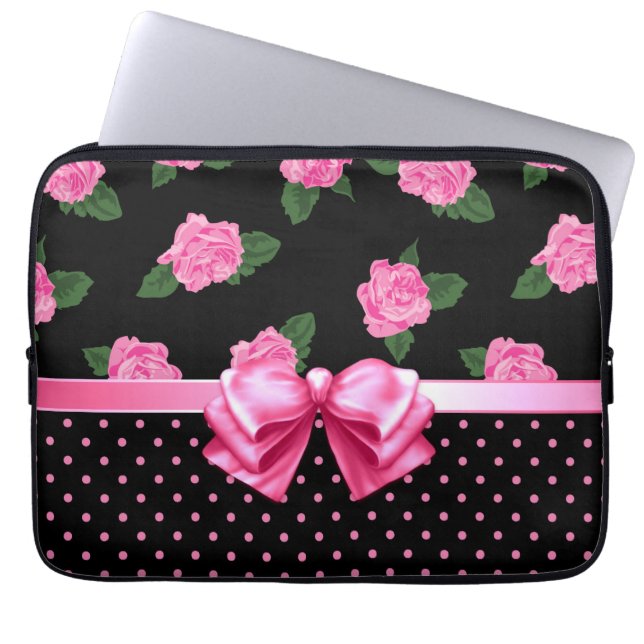 Rosa Rosen u. Polka-Punkte Laptopschutzhülle (Vorderseite)