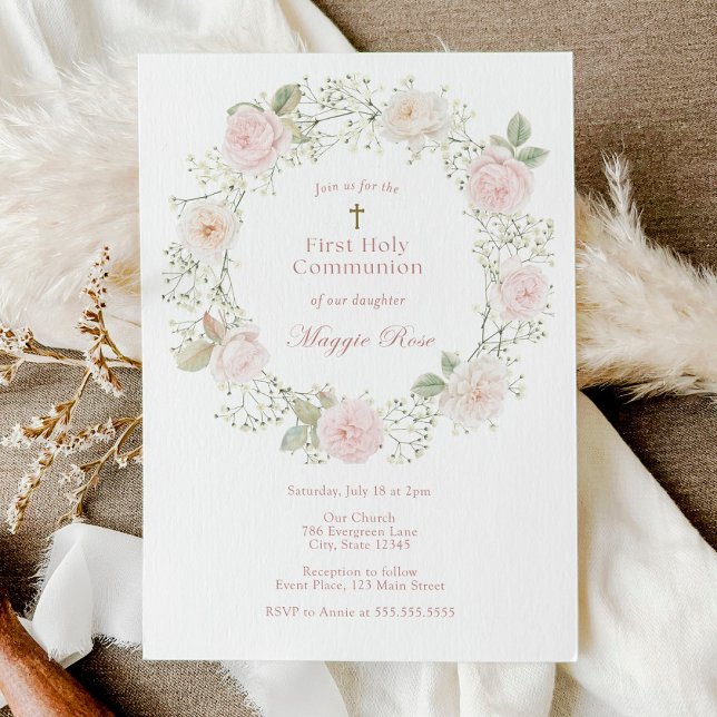 Rosa Rosen und Baby Breath Erste Heilige Kommune Einladung (Von Creator hochgeladen)