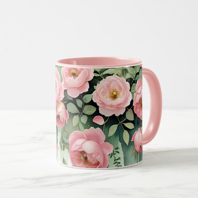 Rosa Rosen und Bänder Tasse (VorderseiteRechts)