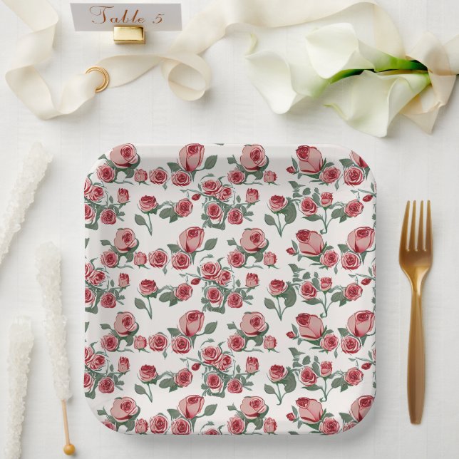 Rosa Rosen und Blätter Muster Pappteller (Hochzeit)