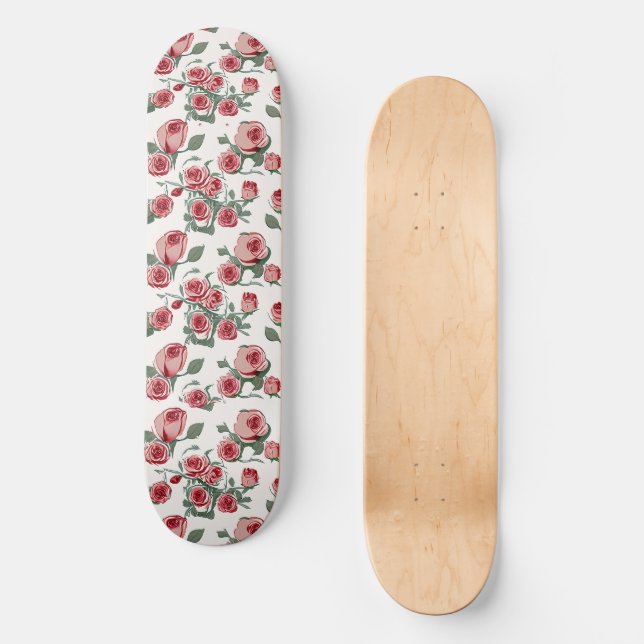 Rosa Rosen und Blätter Muster Skateboard (Vorderseite)