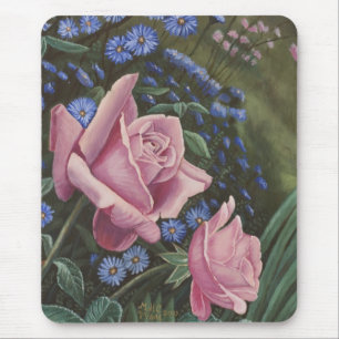 Rosa Rosen und blaue Blumen Mousepad