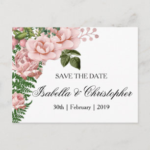 Rosa Rosen und Ferns Wedding Save the Date Ankündigungspostkarte