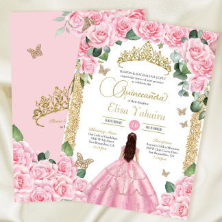 Rosa Rosen und Gold Butterfly Quinceanera Einladung