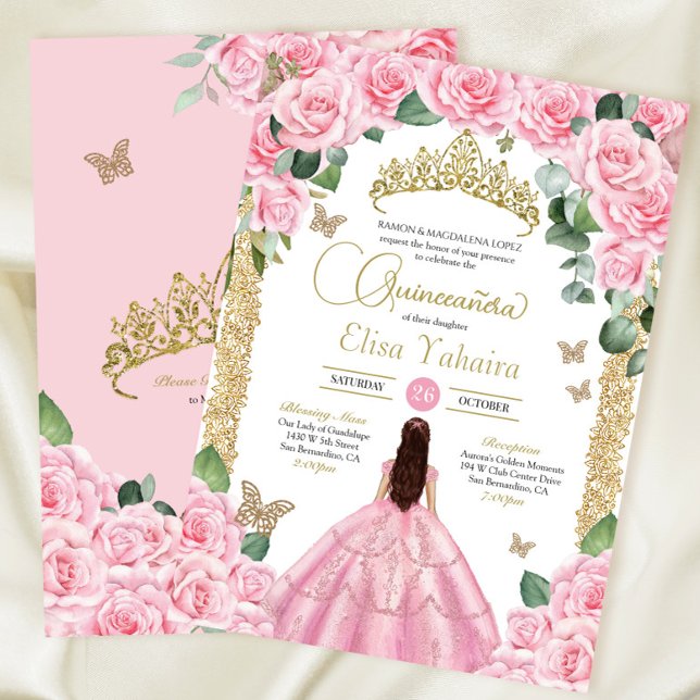 Rosa Rosen und Gold Butterfly Quinceanera Einladung (Von Creator hochgeladen)