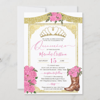 Rosa Rosen und Gold Floral Boot Charro Quinceanera Einladung