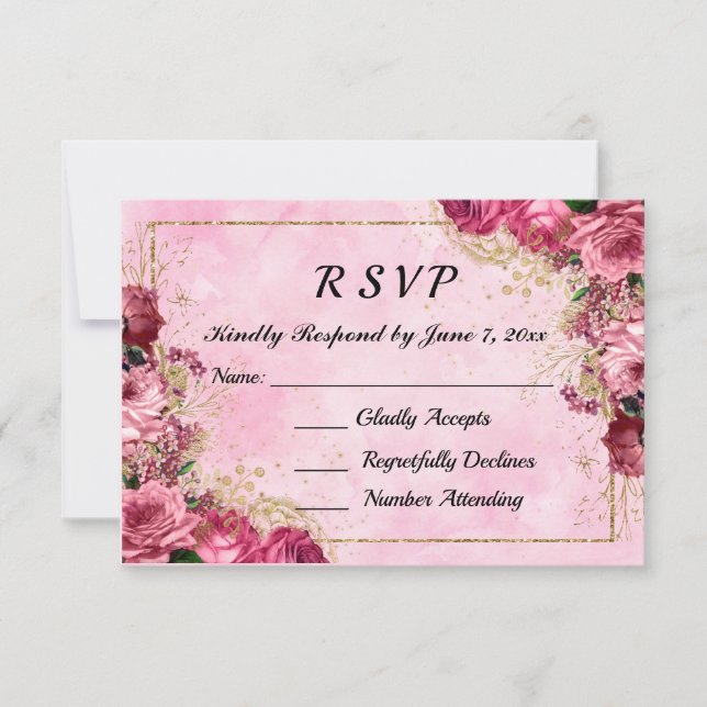 Rosa Rosen und Gold Response Card RSVP Karte (Vorderseite)
