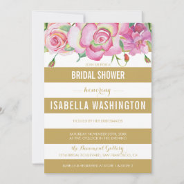 Rosa Rosen und Gold-Streifen Brautparty Einladung