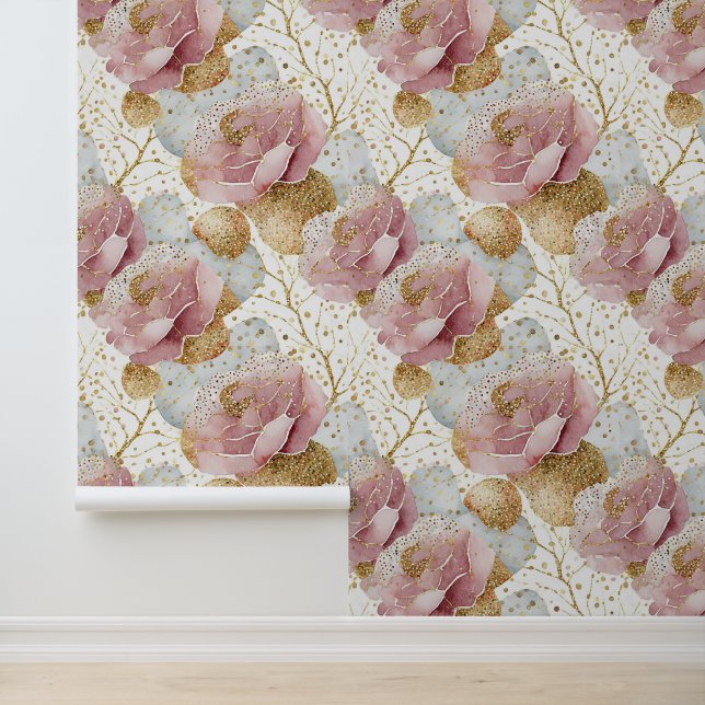 Rosa Rosen und Gold Tapete (Anwendung)