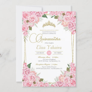 Rosa Rosen und Gold Tiara Floral Quinceanera Einladung
