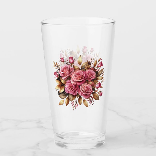 Rosa Rosen und goldene Blätter Glas (Vorderseite)