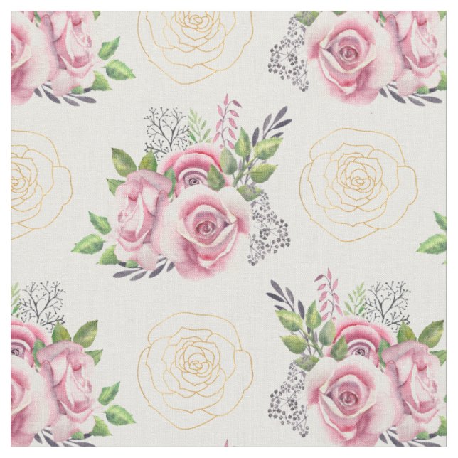 Rosa Rosen und goldene Blume Stoff (Nahaufnahme)