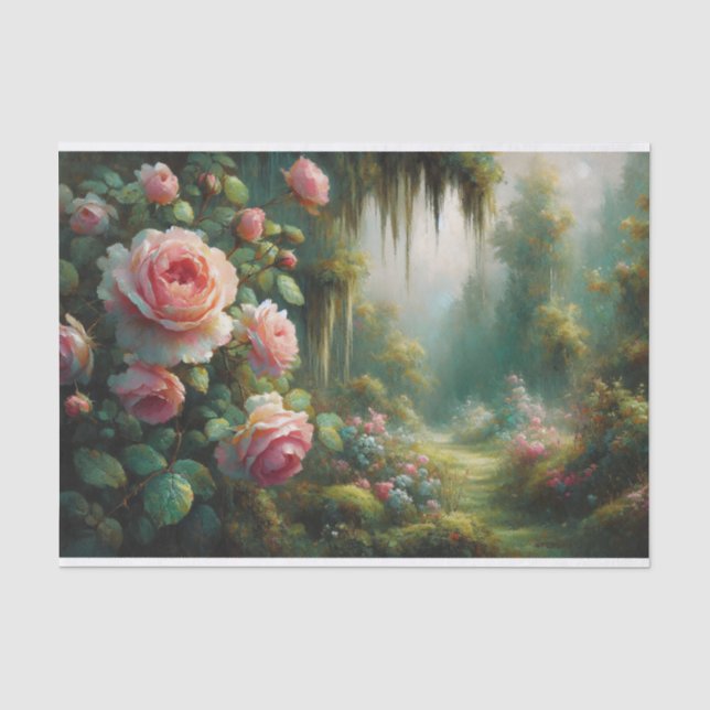 Rosa Rosen und grünes Moos - beeindruckende Dekoup Seidenpapier (Vorderseite)
