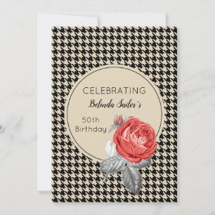 Rosa Rosen und Hahnentrittmuster-Design Geburtstag Einladung