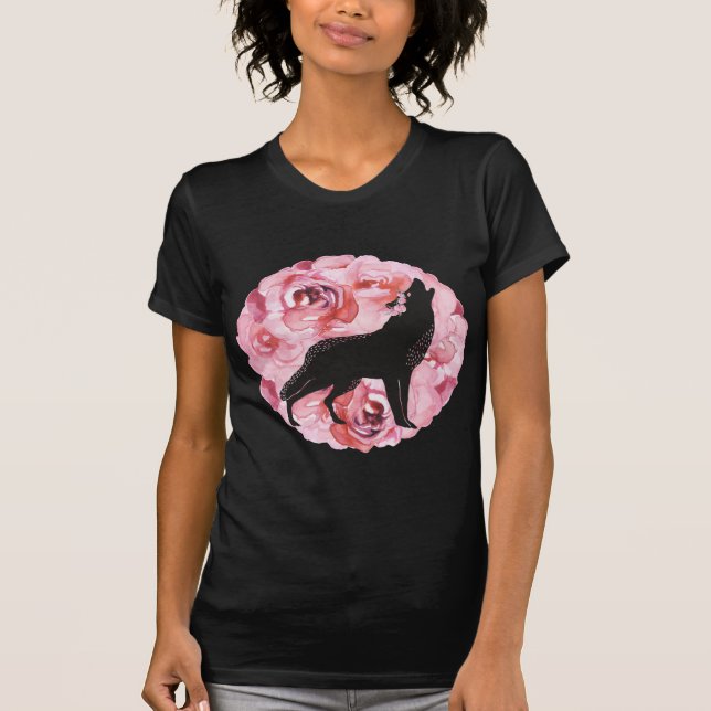 Rosa Rosen und Heulenschwarzes Wolf-Shirt T-Shirt (Vorderseite)