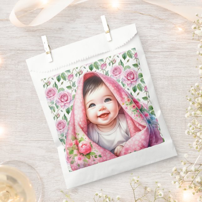 Rosa Rosen und lächelnde Baby Girl's Baby Shower Geschenktütchen (Ausgeschnitten)