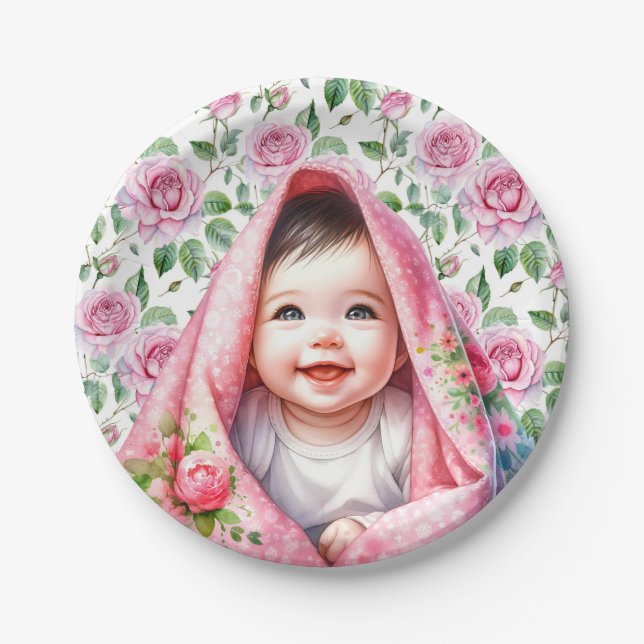 Rosa Rosen und lächelnde Baby Girl's Baby Shower Pappteller (Vorderseite)