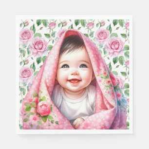 Rosa Rosen und lächelnde Baby Girl's Baby Shower Serviette