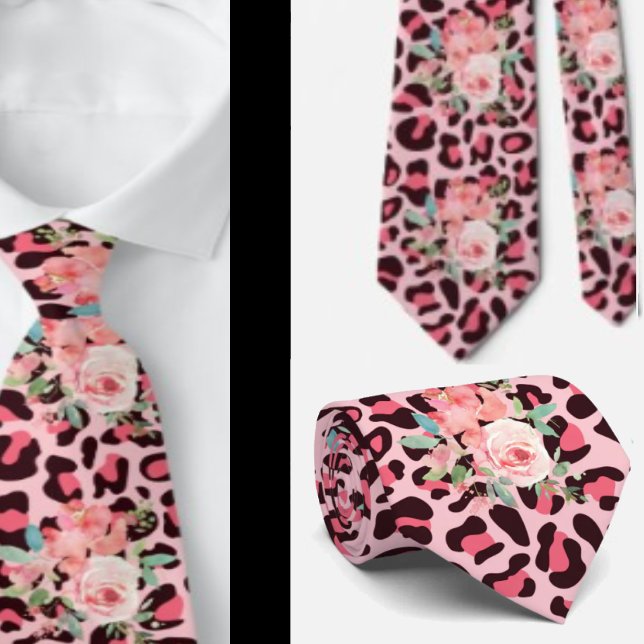 Rosa Rosen und Leopard Print Punk Rock Neck Tie Krawatte (Von Creator hochgeladen)