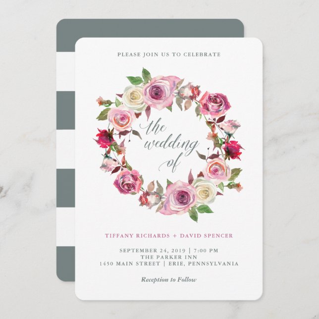 Rosa Rosen und schick graue Streifen | Hochzeitskr Einladung (Vorne/Hinten)