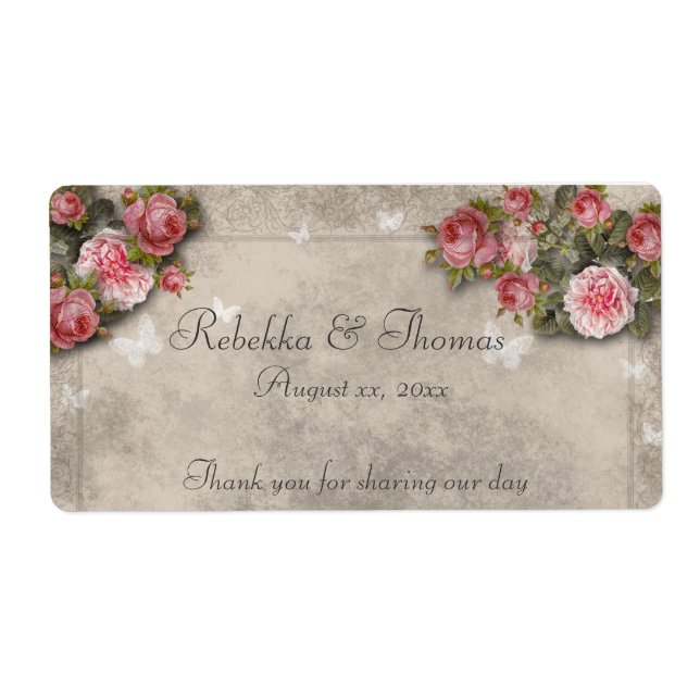 Rosa Rosen und Schmetterlinge Wein / Wasser Flasch (Vorne)