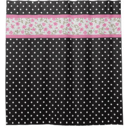 Rosa Rosen und schwarz-weiße Polka-Punkte Duschvorhang