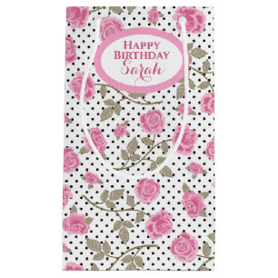Rosa Rosen und schwarze Punkte Monogrammiert Kleine Geschenktüte
