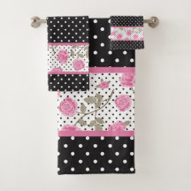 Rosa Rosen und schwarze und weiße Polka-Punkte