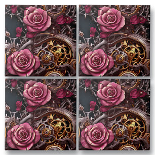 Rosa Rosen und Steampunk-Metallgetriebe Fliese