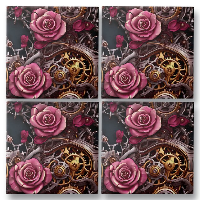 Rosa Rosen und Steampunk-Metallgetriebe Fliese (Von Creator hochgeladen)