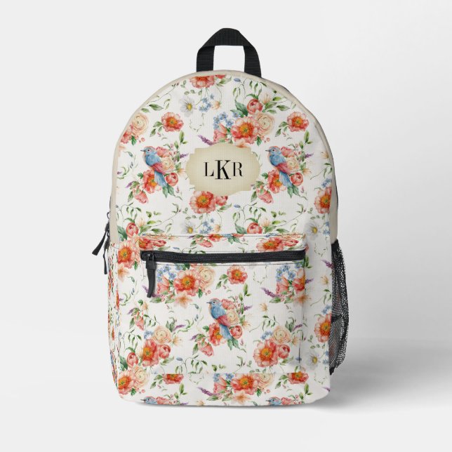 rosa Rosen und Vögel Muster 3-Buchstaben-Monogramm Bedruckter Rucksack (Vorderseite)