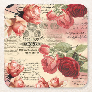 Rosa Rosen Vintage-Ephemera-Unterlage Rechteckiger Pappuntersetzer