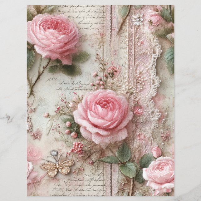 Rosa Rosen Vintage-Junk-Journal-Schreibwarenpapier (Vorderseite)