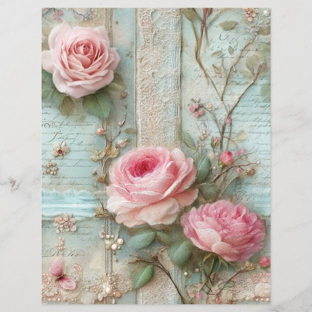 Rosa Rosen Vintage-Junk-Journal-Schreibwarenpapier (Vorderseite)