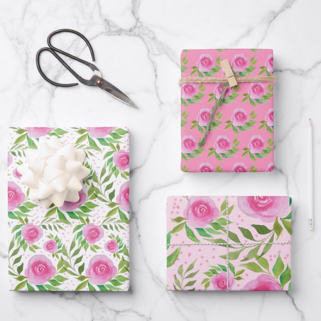 Rosa Rosen, Wasserfarben Handgestrichen Geschenkpapier Set (Vorderseite)