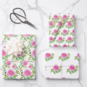 Rosa Rosen, Wasserfarben Handgestrichen Geschenkpapier Set