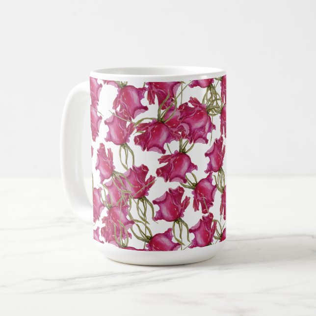 Rosa Rosen Wasserfarben Kunst Handbemalt Kaffeetasse (Vorderseite Links)