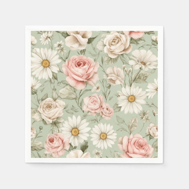 Rosa Rosen Weiße Gänseblümchen Blumenmuster  Serviette (Vorderseite)