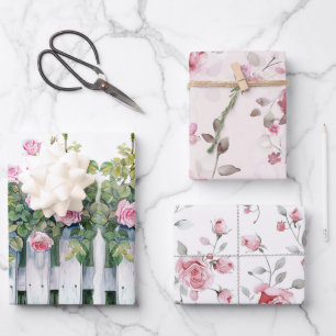 Rosa Rosen Weiße Lattenzaun Brautparty Geschenkpapier Set