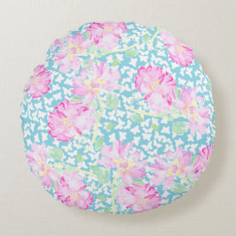 Rosa Rosen, weiße Schmetterlinge Blaues Rundkissen Rundes Kissen