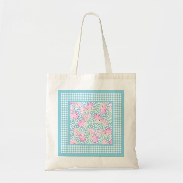 Rosa Rosen, weiße Schmetterlinge, Gingham Tote Beu Tragetasche (Vorne)