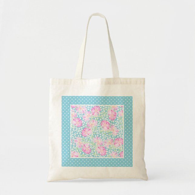 Rosa Rosen, weiße Schmetterlinge, Polka Dots Tote  Tragetasche (Vorne)