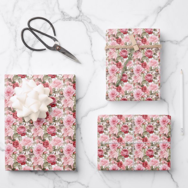 Rosa Rosen Wrapping Paper Sheets Geschenkpapier Set (Vorderseite)