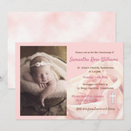 Rosa Rosenbaby-Mädchen-Foto-Taufe Einladung